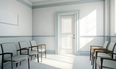 Fototapeta premium Modern Waiting Room Interior Design: Light, Airy Space with Minimalist Chairs