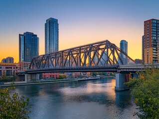 Fototapeta premium Cityscape at sunset with bridge over river and modern buildings.