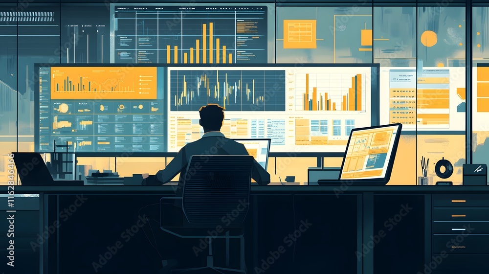 Poster analyst working with extensive data visualizations