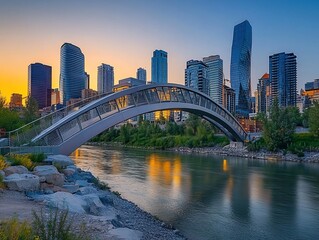 Fototapeta premium Modern bridge over river at sunset, cityscape backdrop.