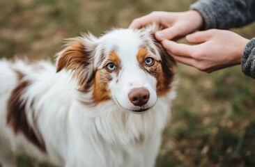 Obraz premium Adorable Australian Shepherd Dog Petting Outdoors