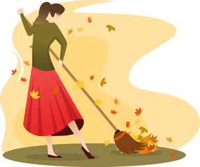 sweeping autumn leaves vector illustration, cleaning the yard from leaves, a lady sweep with a broom