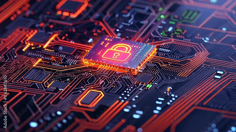 Poster digital circuit technology cybersecurity and data protection with glowing padlock symbol in electron