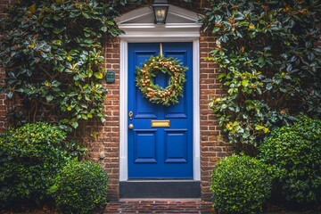 Blue front door with Christmas wreath on brick house.