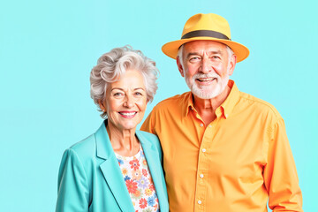 Joyful elderly couple smiling together in a studio portrait, love