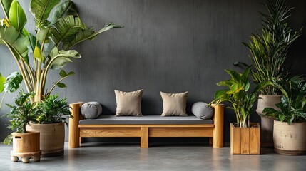 Wooden daybed with pillows sits amidst potted plants against a dark grey wall.
