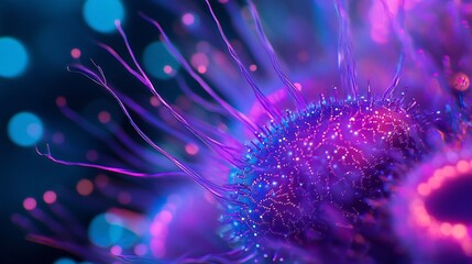 Microscopic view of vibrant, glowing purple and blue cell structure with thin filaments.