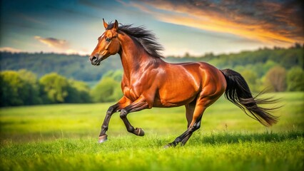 The bay horse gallops on the green field
