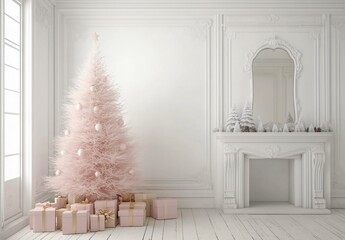 Elegant Pink Christmas Tree in White Room Interior