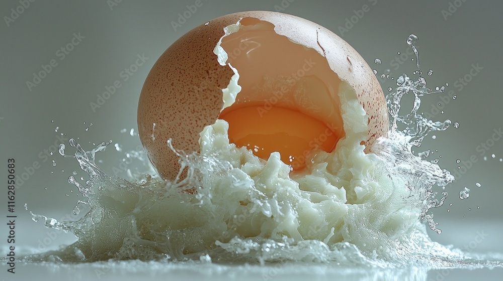 Poster whole egg is partially cracked open revealing its yolk while egg white flows out in swirling forms. 