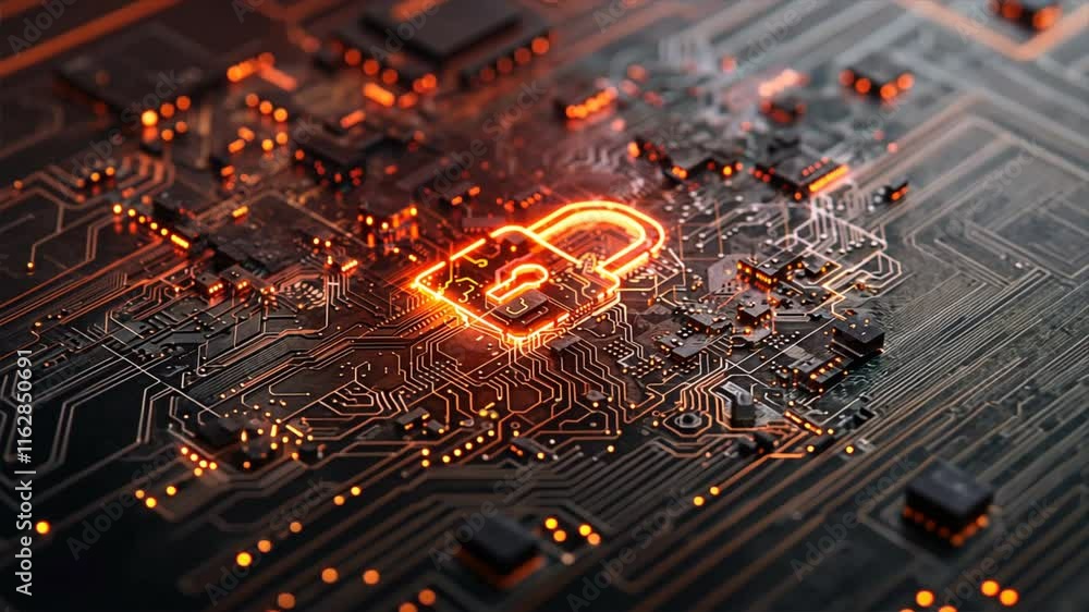 Poster digital circuit technology enhancing cybersecurity with padlock symbol for data protection in electr