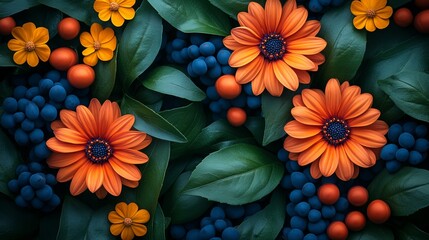 Vibrant flowers and blueberries on a dark background