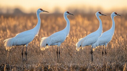 Fototapeta premium Four whooping cranes standing in a golden field at sunset.