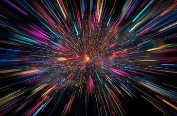 Abstract Colorful Light Burst, Radiating Energy, Dynamic Star Trails, Festive Fireworks Explosion