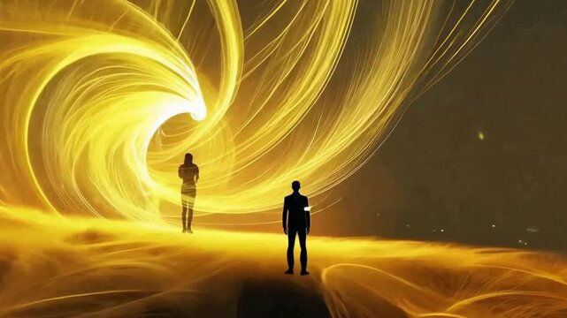 A person bids goodbye to a soul, enveloped in radiant golden spirals, embodying closure and acceptance.