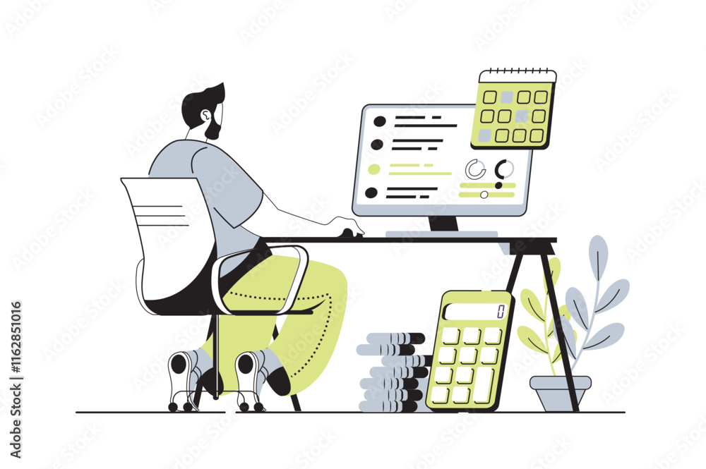 Poster planning financial budget web concept with flat cartoon people for website design. man making financ