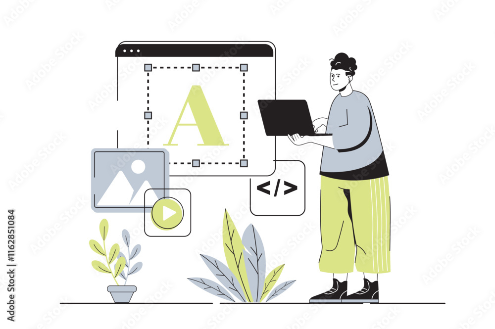 Aufkleber Web design concept with flat cartoon people for website design. Man creating responsive site layouts, adding videos, images and graphic elements and navigation buttons at page. Vector illustration.