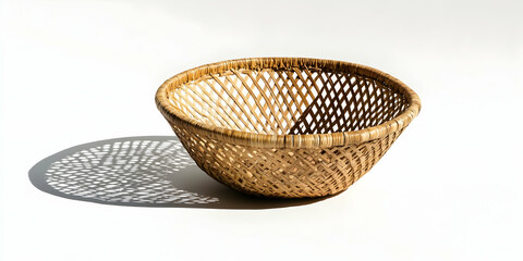 Wicker basket creating intricate shadow patterns on a plain white background
