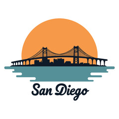 Iconic Coronado Bridge spanning the harbor with the San Diego skyline, showcasing California's coastal beauty and urban elegance, ideal for cityscape designs and travel projects.