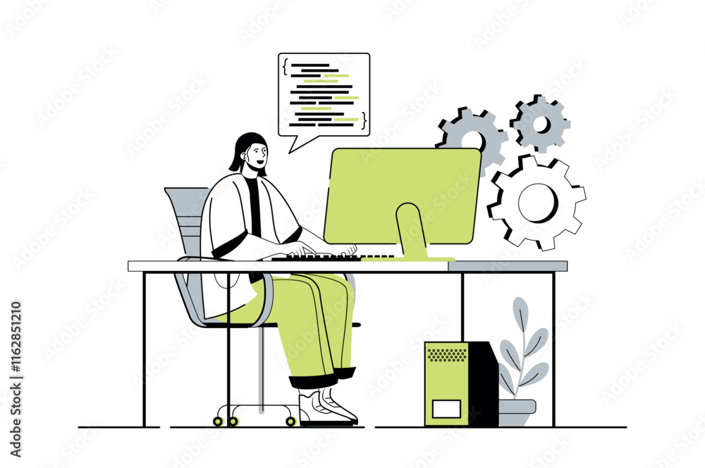 Aufkleber Programmer working web concept with flat cartoon people for website design. Man working with codeat computer, creating software and programming, testing and settings new product. Vector illustration.
