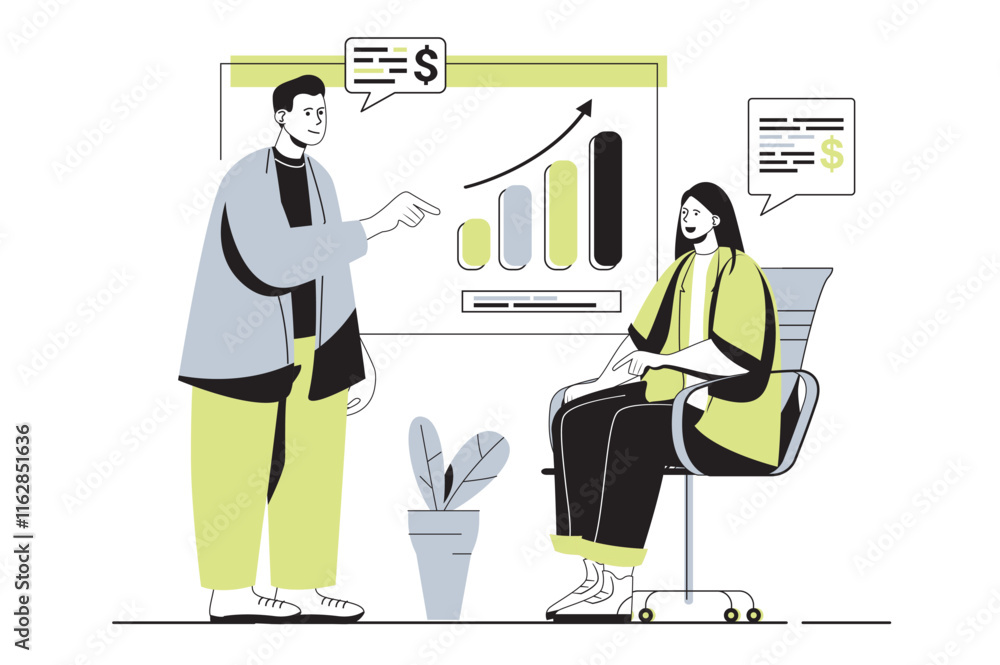 Poster business meeting web concept with flat cartoon people for website design. man and woman discussing w