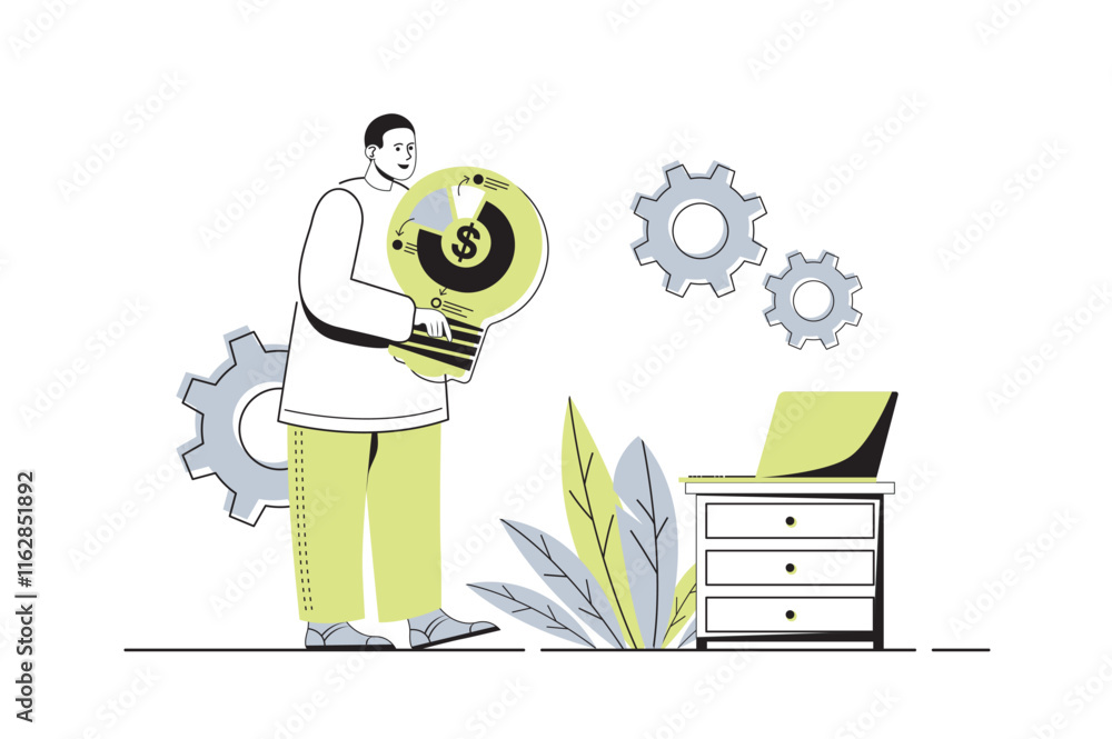 Leinwandbilder business idea web concept with flat cartoon people for website design. man generates new ideas and f