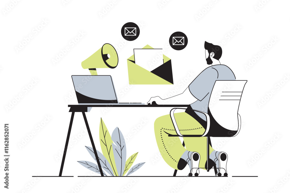 Aufkleber email marketing web concept with flat cartoon people for website design. man sending information let