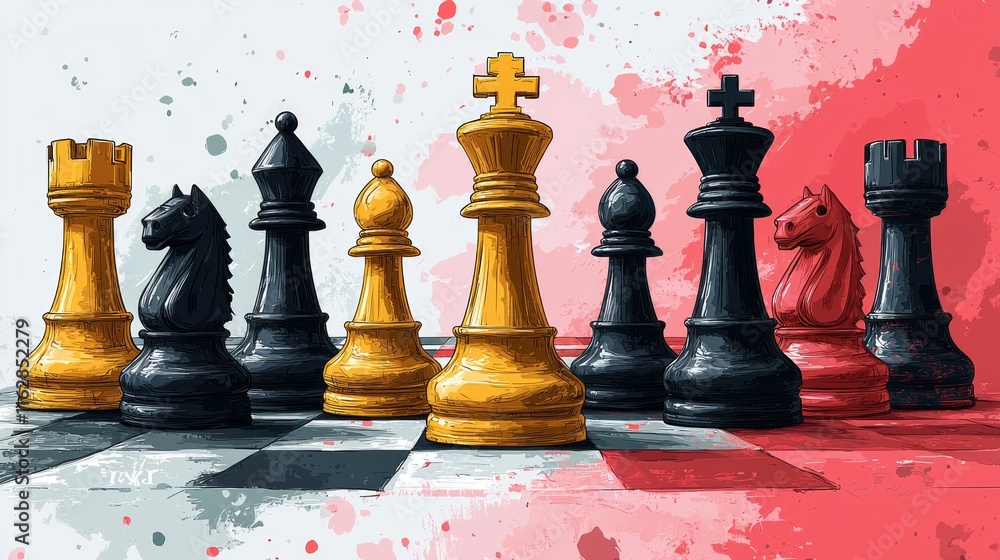 Poster chessboard showcases bitcoin symbols instead of traditional pieces set against white background. com