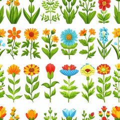 Charming floral seamless design showcasing delightful wildflowers and leaves on white canvas