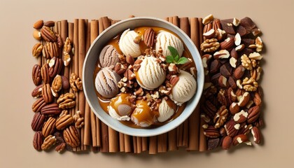 Delicious Bowl of Cinnamon Ice Cream Garnished with Nuts and Sauces