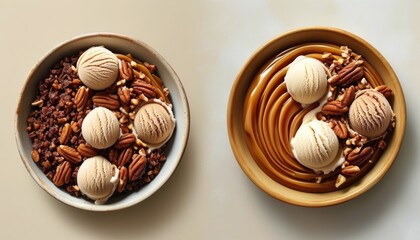 Delicious Bolivian Cinnamon Ice Cream in Elegant Serving Bowl with Nuts and Caramel Drizzle