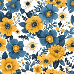 Charming floral seamless design with adorable wildflowers and leaves on a white background