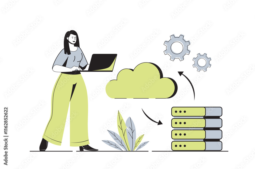 Fototapete cloud computing web concept with flat cartoon people for website design. woman processing informatio