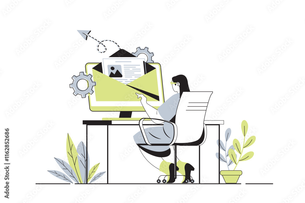 Aufkleber email service web concept with flat cartoon people for website design. woman chatting online with el