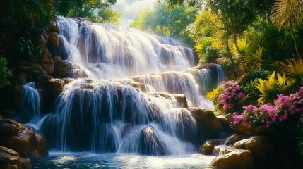 Obraz premium Cascading Waterfall Over Rocks Into Vibrant Pool