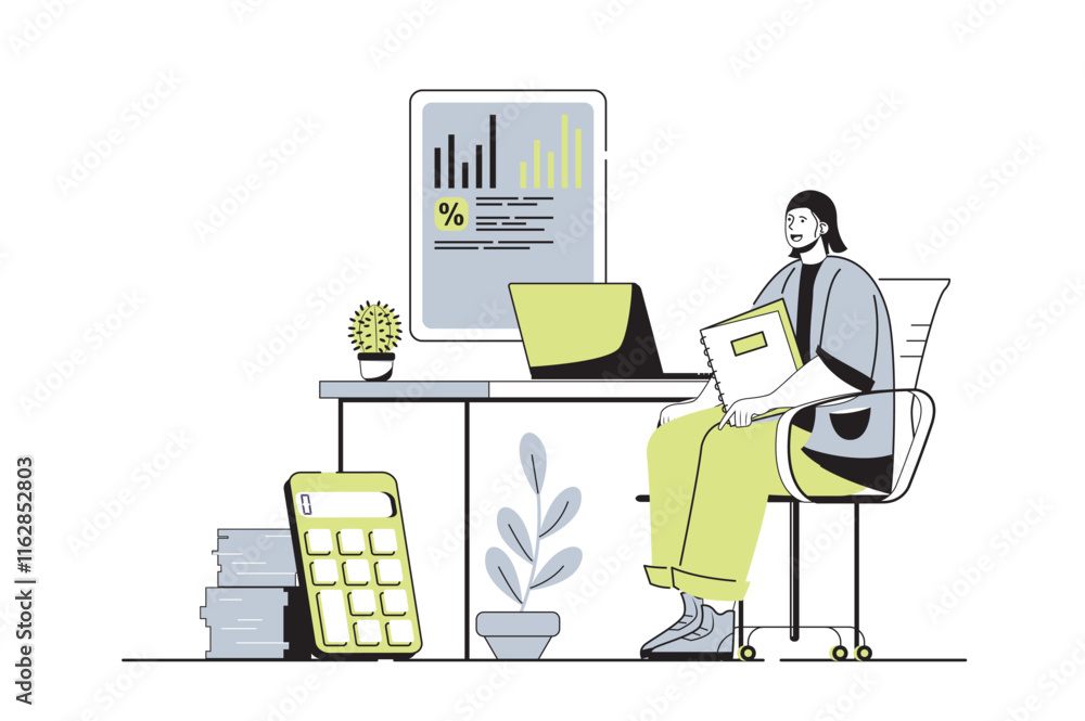 Poster accounting web concept with flat cartoon people for website design. man analyzing financial statisti