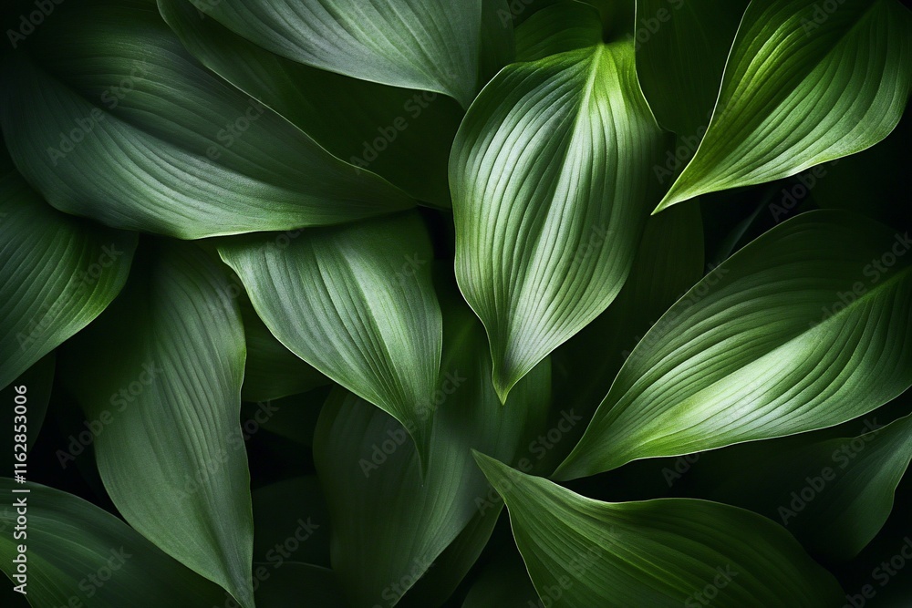 Poster lush green leaves with intricate veining, illuminated by natural light, creating a textured backgrou