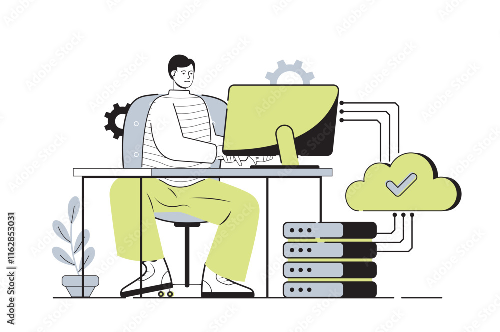 Aufkleber saas web concept with flat cartoon people for website design. man using software as service and payi