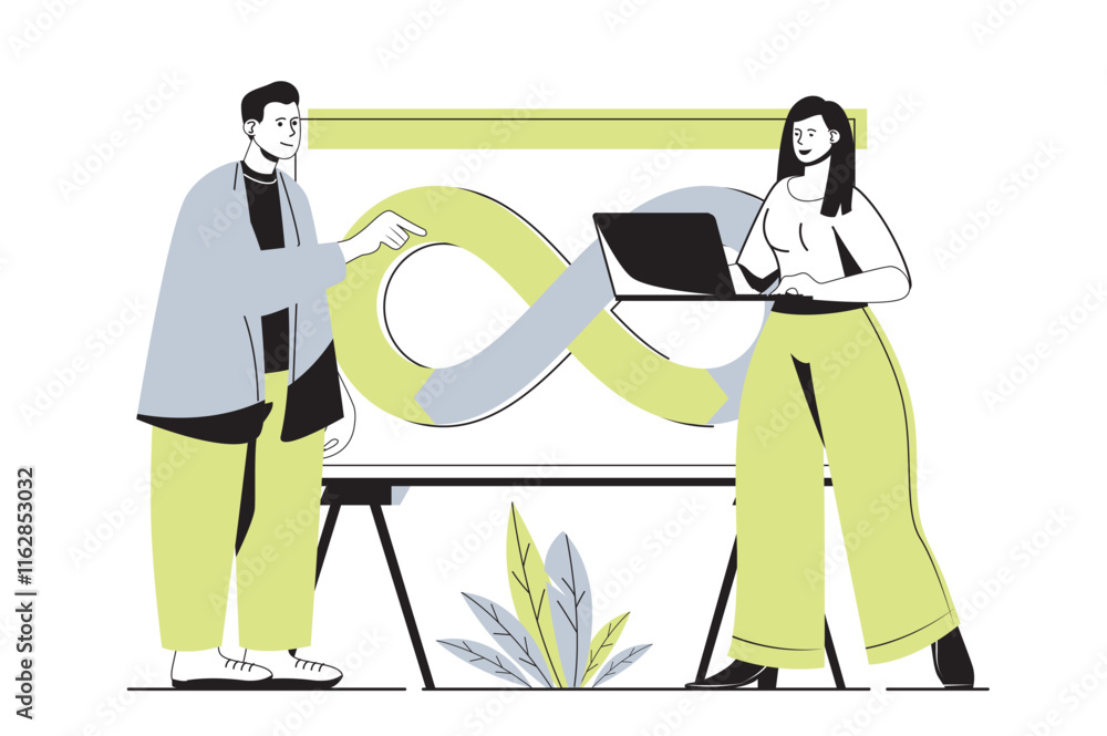 Leinwandbilder DevOps web concept with flat cartoon people for website design. Team collaborating on project with programming and management system, using integration practice in teamwork. Vector illustration.