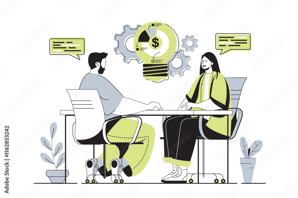 Poster Brainstorming team web concept with flat cartoon people for website design. Colleagues discussing work tasks and generating new ideas, creating development strategy and vision. Vector illustration.