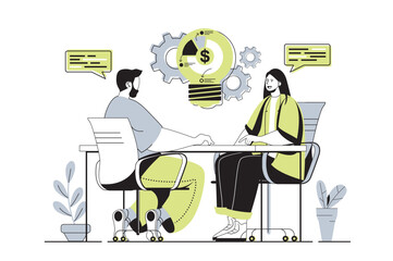 Brainstorming team web concept with flat cartoon people for website design. Colleagues discussing work tasks and generating new ideas, creating development strategy and vision. Vector illustration.