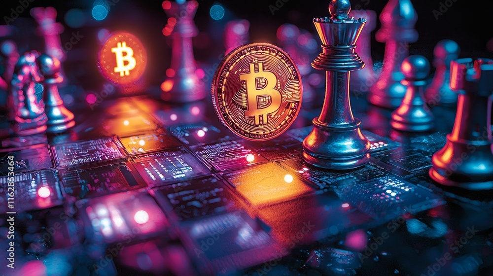 Poster high tech chessboard features glowing bitcoin symbols as pieces surrounded data streams and neon acc