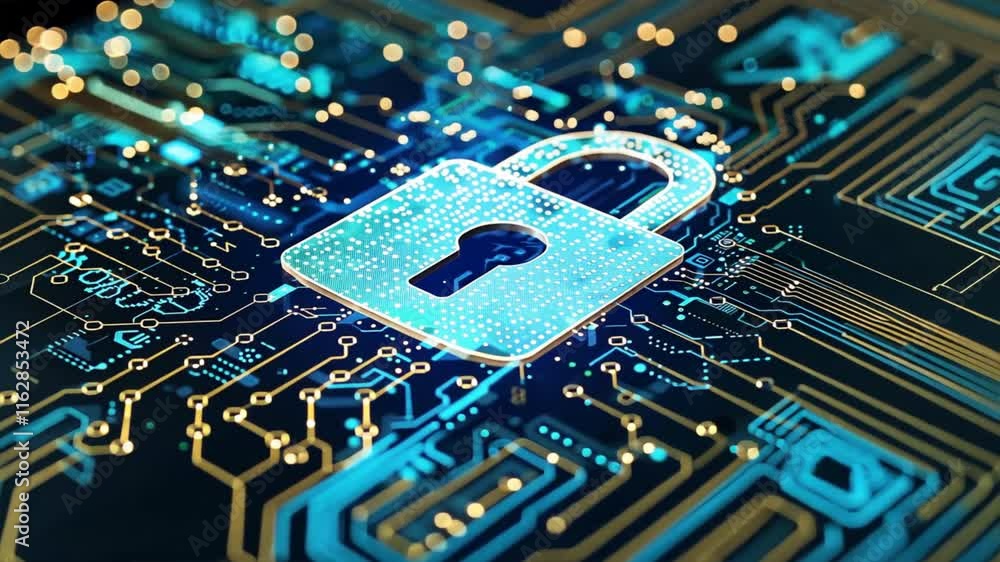 Poster digital lock symbol on circuit board enhancing cybersecurity, data protection, and secure technology