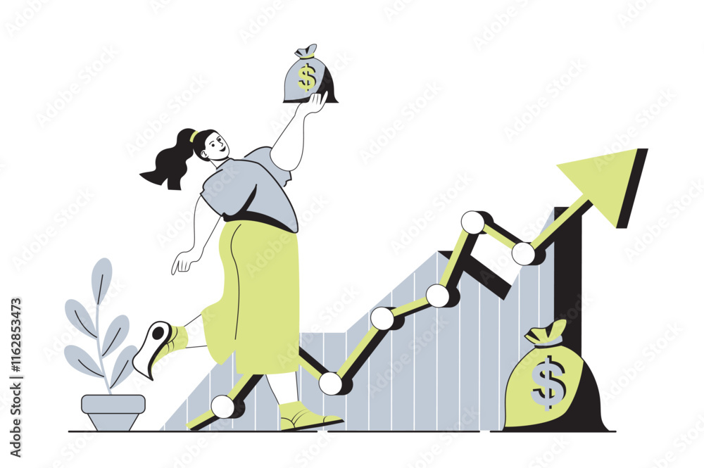 Poster business growth web concept with flat cartoon people for website design. businesswoman analyzes fina