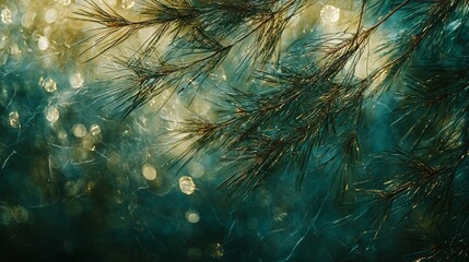 Close-up of pine branches with bokeh lights.