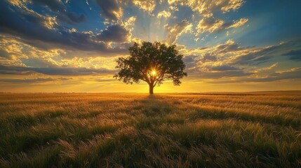 Obraz premium Lonely tree in wheat field at sunset.