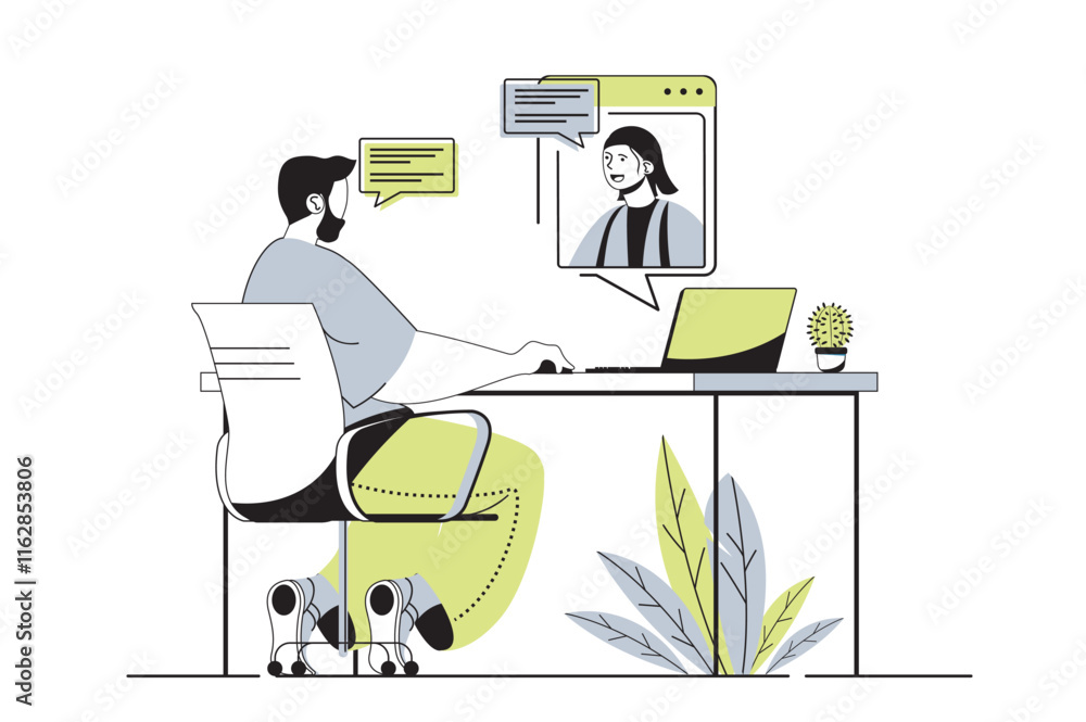 Poster video chatting web concept with flat cartoon people for website design. man talking to woman by vide