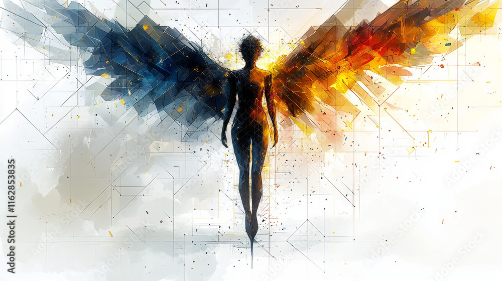 Poster geometric angel stands sharp lines and shapes holding candle while embracing stylized house. bold co
