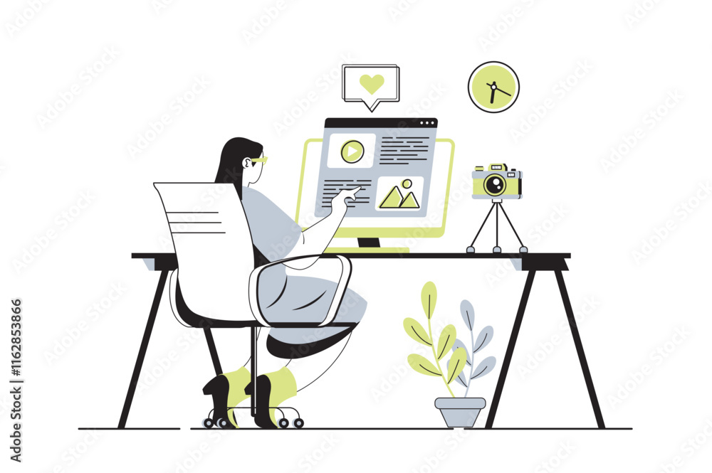 Poster blogging web concept with flat cartoon people for website design. woman work as blogger, writing art