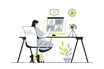 Blogging web concept with flat cartoon people for website design. Woman work as blogger, writing article and making new informational posts in blog, communicating with followers. Vector illustration.